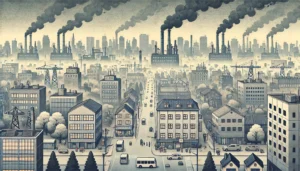 A wide, rectangular header image depicting a city with heavily polluted air. The sky is filled with thick smog, making it difficult to see the sun. Buildings and streets are covered in a layer of grime. People are wearing masks, and there are few trees, with those present looking unhealthy. Industrial chimneys in the background are emitting dark smoke, contributing to the overall sense of environmental degradation. The colors are muted and grey, reflecting the grim atmosphere.