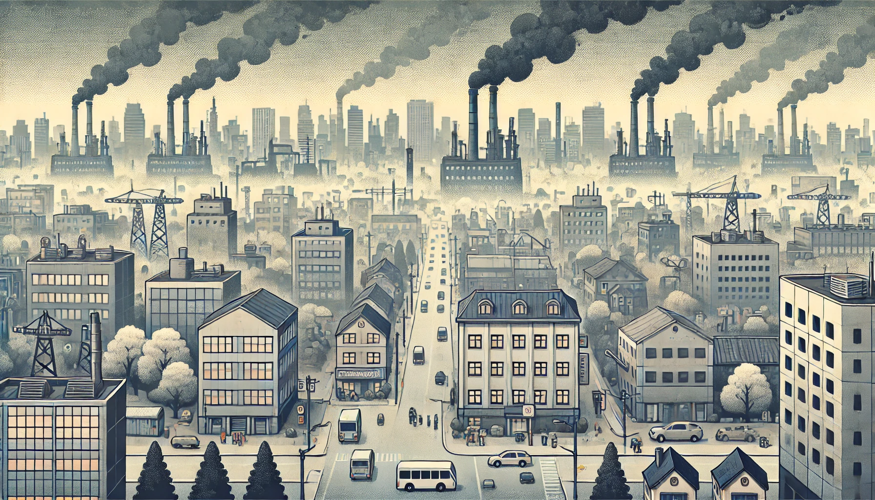 A wide, rectangular header image depicting a city with heavily polluted air. The sky is filled with thick smog, making it difficult to see the sun. Buildings and streets are covered in a layer of grime. People are wearing masks, and there are few trees, with those present looking unhealthy. Industrial chimneys in the background are emitting dark smoke, contributing to the overall sense of environmental degradation. The colors are muted and grey, reflecting the grim atmosphere.