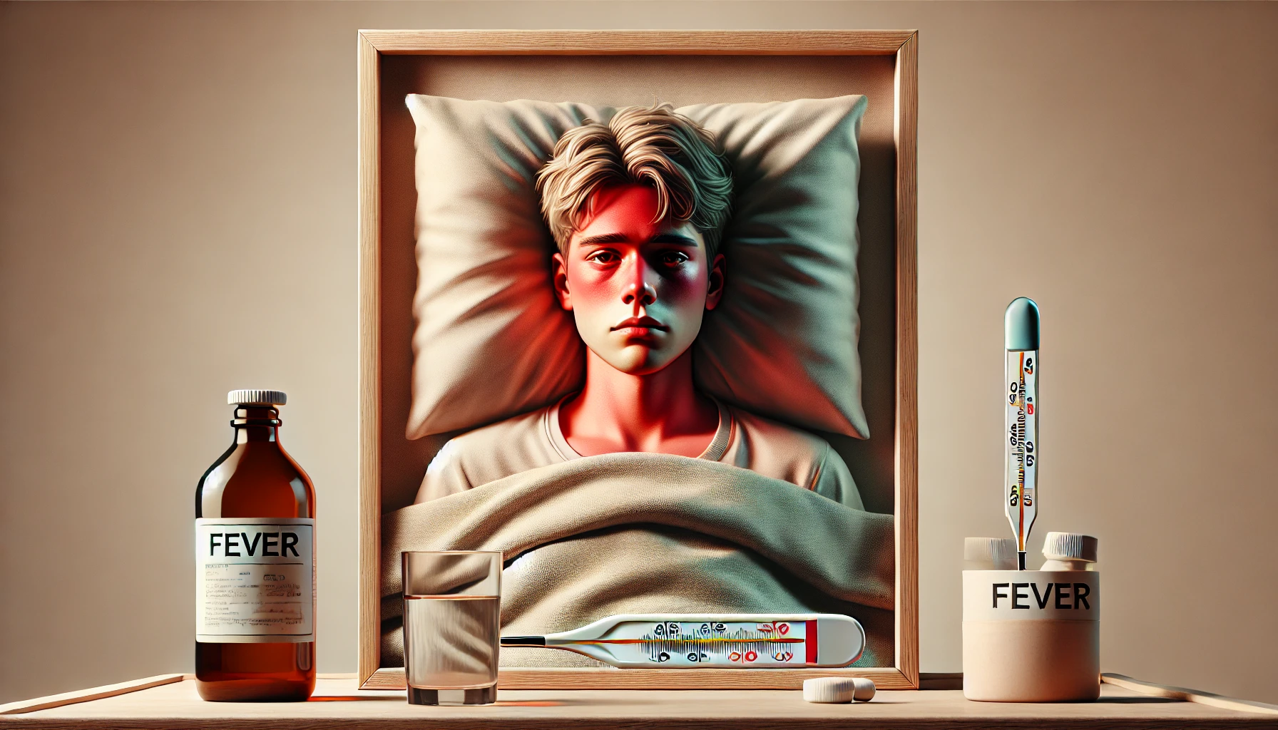 A rectangular image depicting the concept of fever in a realistic and relatable style. The image shows a person resting in bed, visibly unwell, with a flushed face and beads of sweat on their forehead. The person is covered with a blanket up to the chest, and their expression reflects discomfort. On the bedside table next to them, a thermometer is visible, showing a high temperature, alongside a glass of water and a bottle of medicine. The lighting is soft but highlights the redness of the face and the overall feeling of being feverish. The background is simple, focusing on the person and the immediate surroundings, conveying a strong sense of illness and the need for rest.