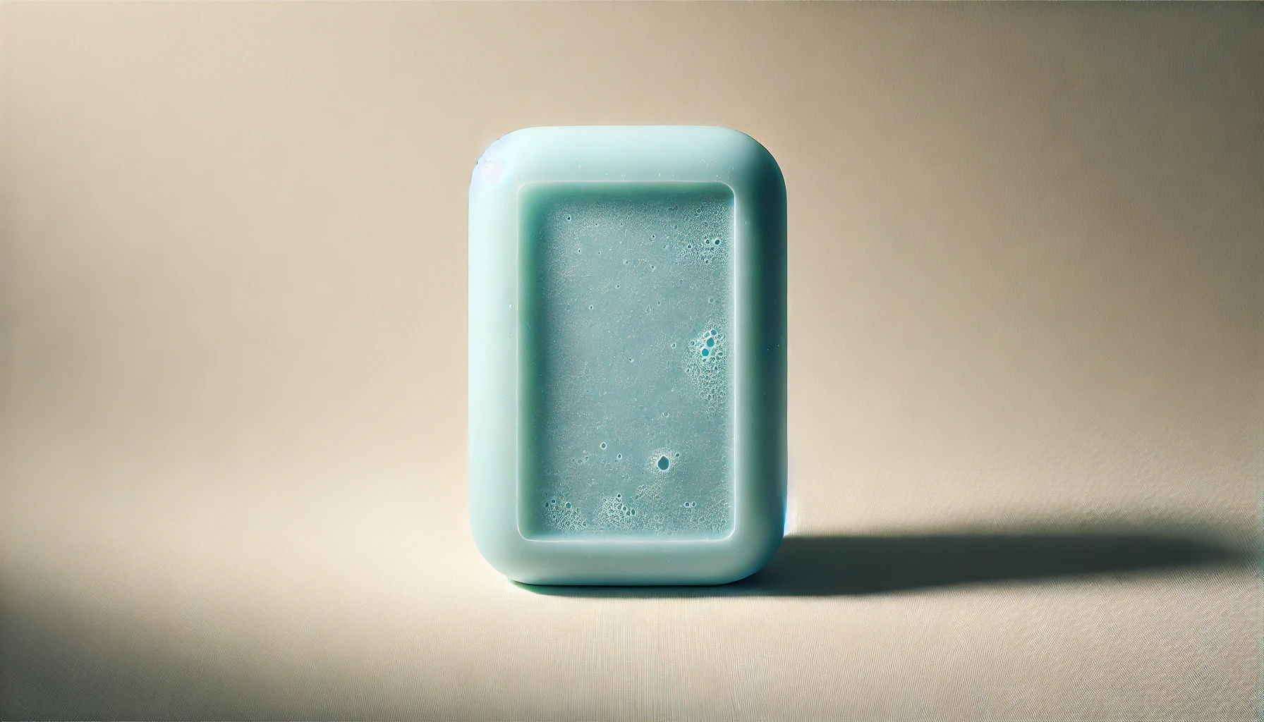 A rectangular image of a bar of soap, centered in the frame. The soap is light blue with subtle textures and details, giving it a smooth, clean appearance. The background is a soft, neutral color that contrasts gently with the soap, making it stand out. The soap has rounded edges, and there are small water droplets on its surface, suggesting freshness and purity. The lighting is soft, creating gentle shadows and highlights that emphasize the soap's form and texture. The overall composition is simple, clean, and visually pleasing.