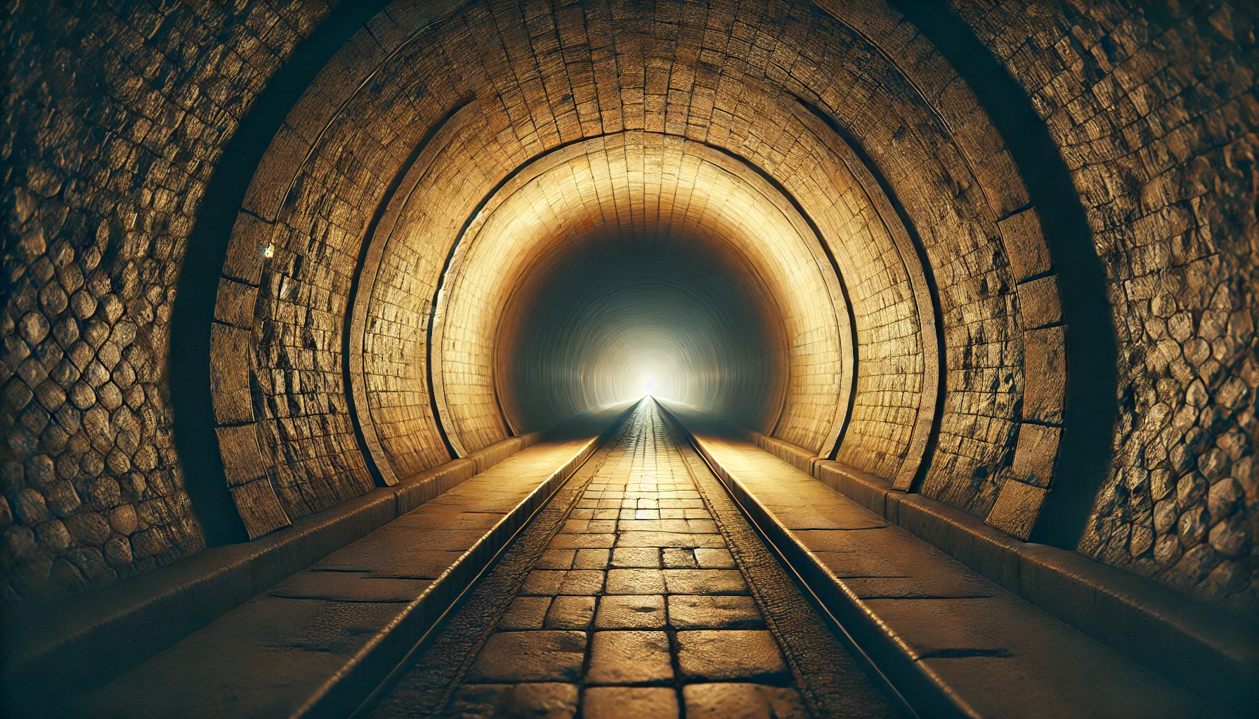 A rectangular image of a tunnel, extending into the distance. The tunnel is dimly lit with soft, warm lighting along the sides, creating a sense of depth and perspective. The walls are made of rough, aged stone, with visible textures and small cracks. The floor is slightly uneven, with worn cobblestones leading further into the darkness. At the far end of the tunnel, there is a faint light, symbolizing hope or an exit. The overall atmosphere is mysterious, with a slight sense of anticipation as the viewer is drawn into the tunnel’s depth.