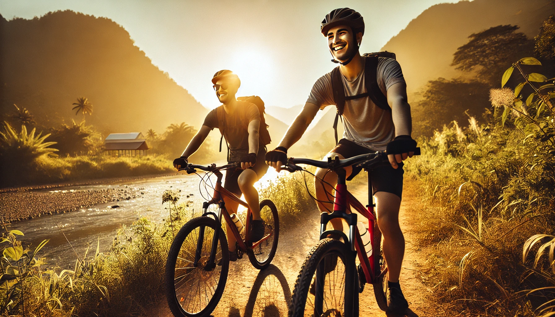 A brighter and more pleasant scene showing two cyclists on a long-distance journey. They are still tired but happy, smiling as they ride their bikes through a sunlit natural landscape. The environment is drier and sunnier, with clear skies, golden sunlight, and a gentle river flowing beside them. The cyclists are wearing helmets and bright cycling gear, looking determined but content, surrounded by mountains and greenery. The atmosphere is positive and adventurous, capturing the joy of their journey through nature.