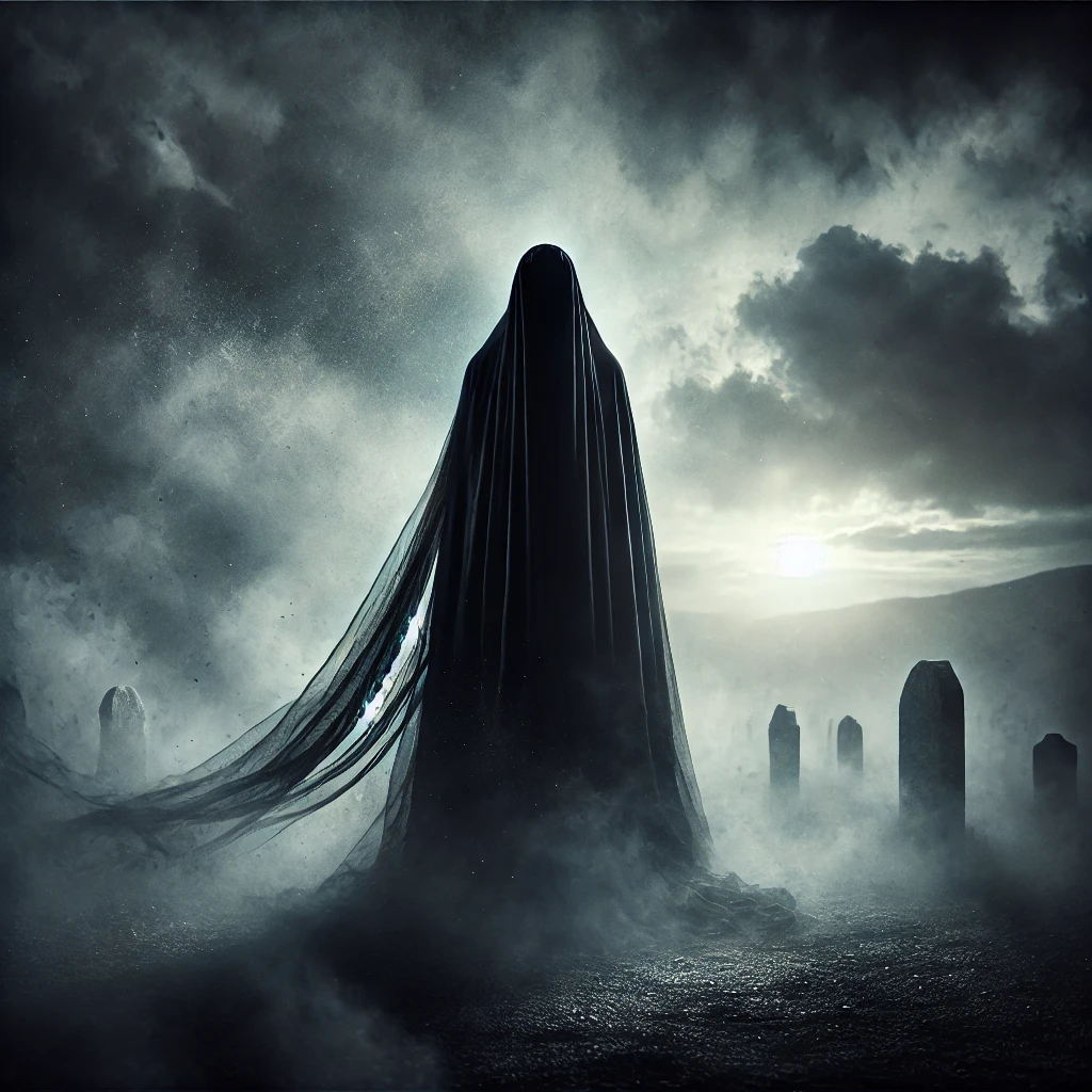 A dark, atmospheric scene symbolizing death. A tall, shadowy figure cloaked in flowing black robes, standing silently in the mist. The figure's face is obscured, giving an air of mystery and foreboding. The background features a gloomy, desolate landscape with dark clouds and fading light, creating a sense of finality and transition. The scene is eerie yet peaceful, evoking the passage between life and death, with a subtle glow in the distance representing an unknown afterlife.