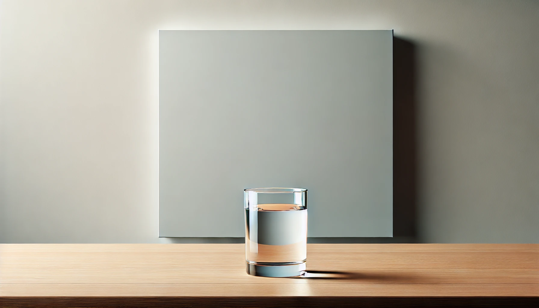 A half-empty glass of water placed on a simple wooden table in the center of a minimalist rectangular header image. The glass is clear, with the water level reaching halfway up. The table has a light wood finish, and the background remains clean and neutral, like light gray or white. The scene is well-lit, with subtle shading and reflections on the glass and water for a realistic effect, creating a sleek and modern look suitable for a blog header.