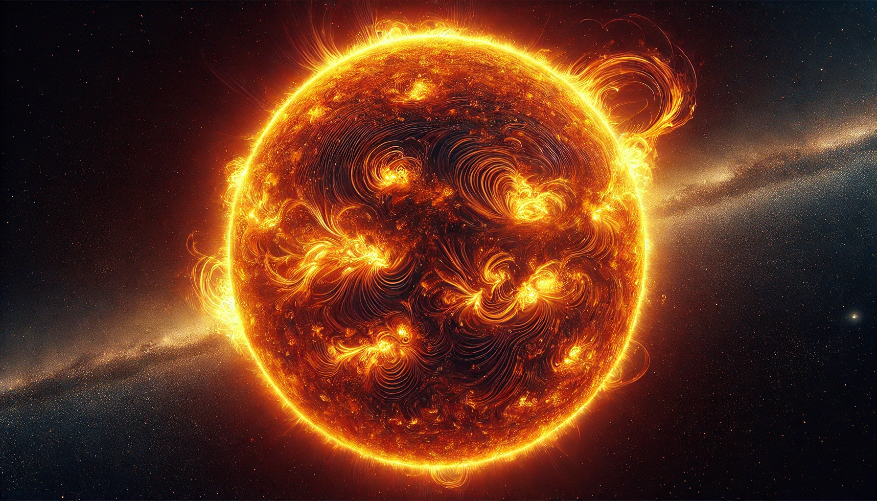 A realistic, close-up header image of the sun. The sun should be depicted with intense detail, showing the surface with bright, fiery orange and yellow colors. Solar flares and prominences should be visible, extending from the sun's surface, adding a dynamic feel. The texture of the sun's surface should have granulation and intricate patterns of plasma. The background should be space, dark and vast, contrasting the sun's intense brightness and heat. The image should feel hot, energetic, and powerful, capturing the sun's raw energy.