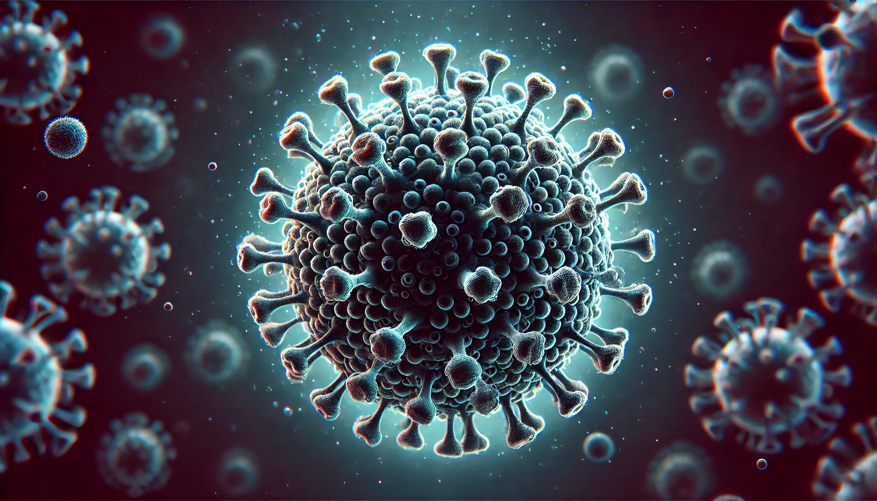 A detailed illustration of a virus in a rectangular format for a blog header. The virus is spherical, with spiky protrusions representing proteins on its surface. The background is abstract, with a gradient of dark blues and purples to give a scientific and futuristic feel. The virus is illuminated in the center of the image, with subtle lighting effects that highlight the texture and structure, symbolizing microscopic scale and the biological nature of the virus. The overall design is sleek and modern, suitable for a header image.