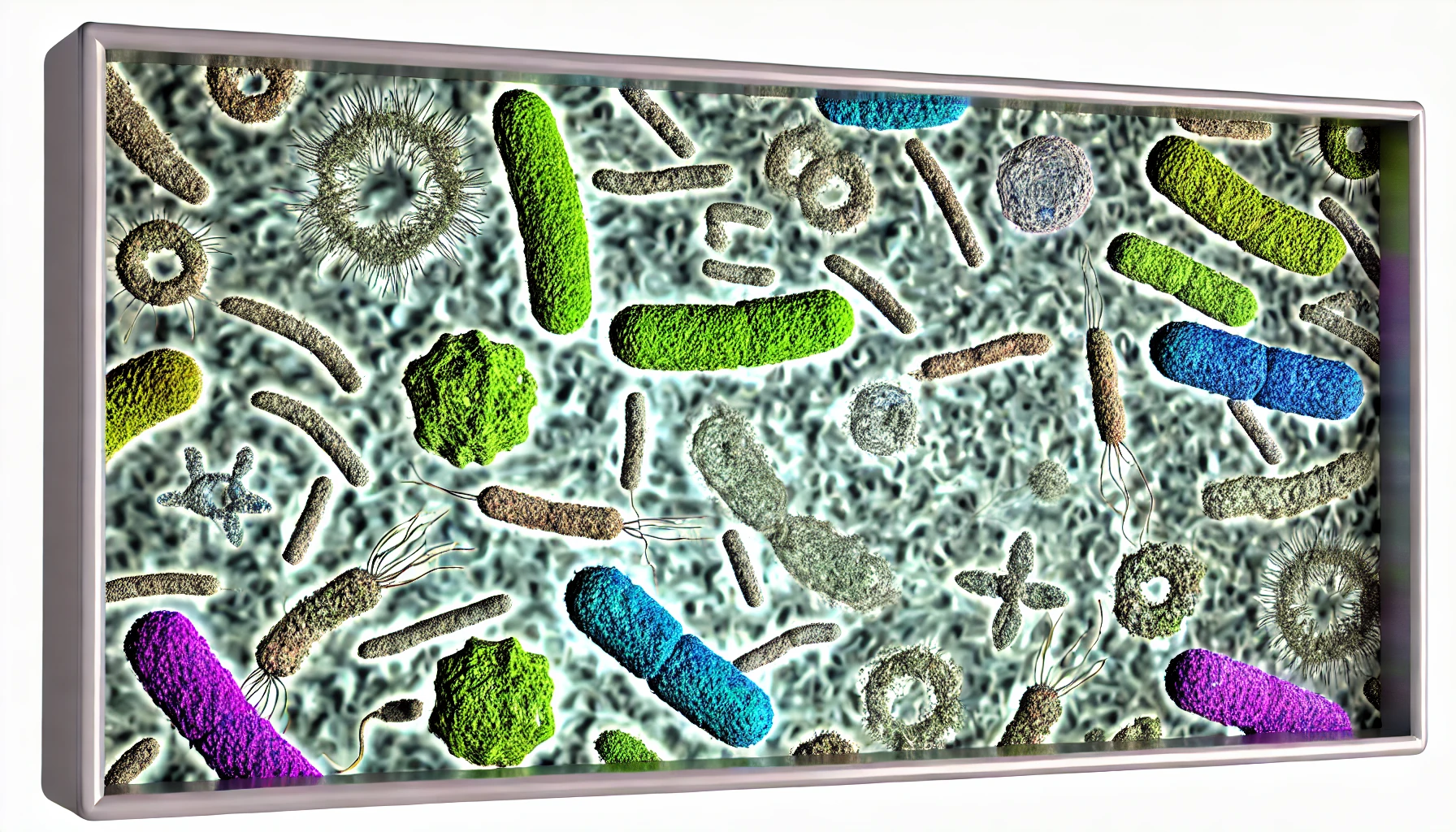 A highly detailed rectangular image showing super tiny microbes under a microscope. The microbes should appear magnified, with diverse shapes like spheres, rods, and spirals. Each microbe should show fine details, including textured cell walls, flagella, and hair-like structures, floating in a liquid environment. The colors of the microbes should be vibrant and distinct, such as bright greens, blues, and purples, with the liquid background rendered in soft grayish or translucent tones to emphasize the microorganisms. The image should evoke a scientific, magnified view of these tiny organisms.