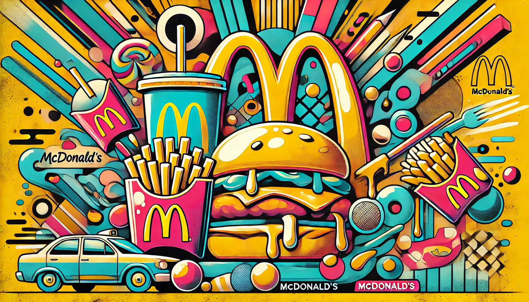 A vibrant mural-style illustration featuring iconic McDonald's elements, such as the golden arches, a burger, fries, and a drink, in a fun, dynamic urban art setting. The background should have bold colors and playful patterns, with cartoonish renditions of the food items. Include some abstract and creative shapes, with a sense of movement and energy, capturing the lively, fast-paced atmosphere associated with McDonald's.