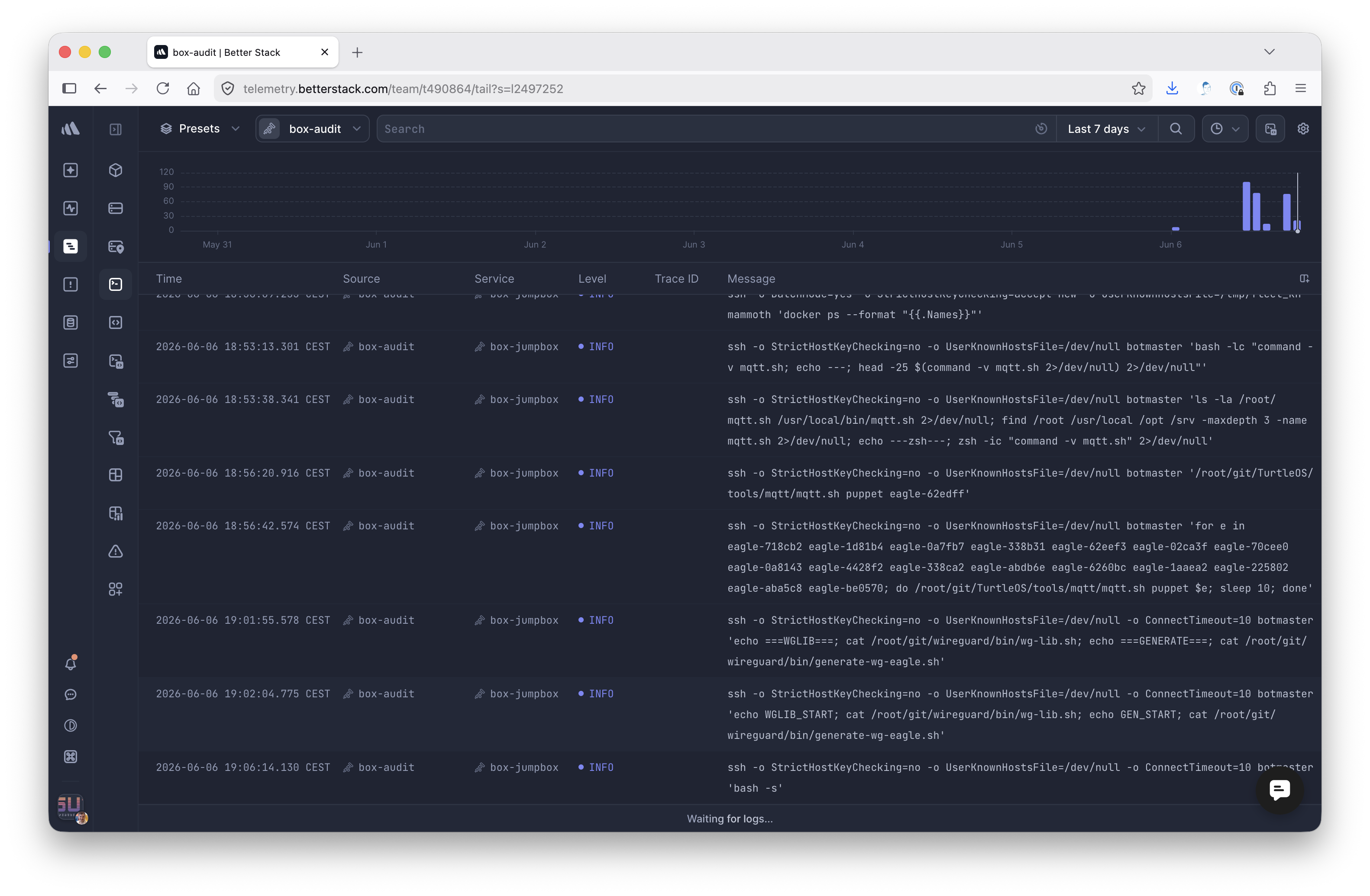Log server showing SSH commands