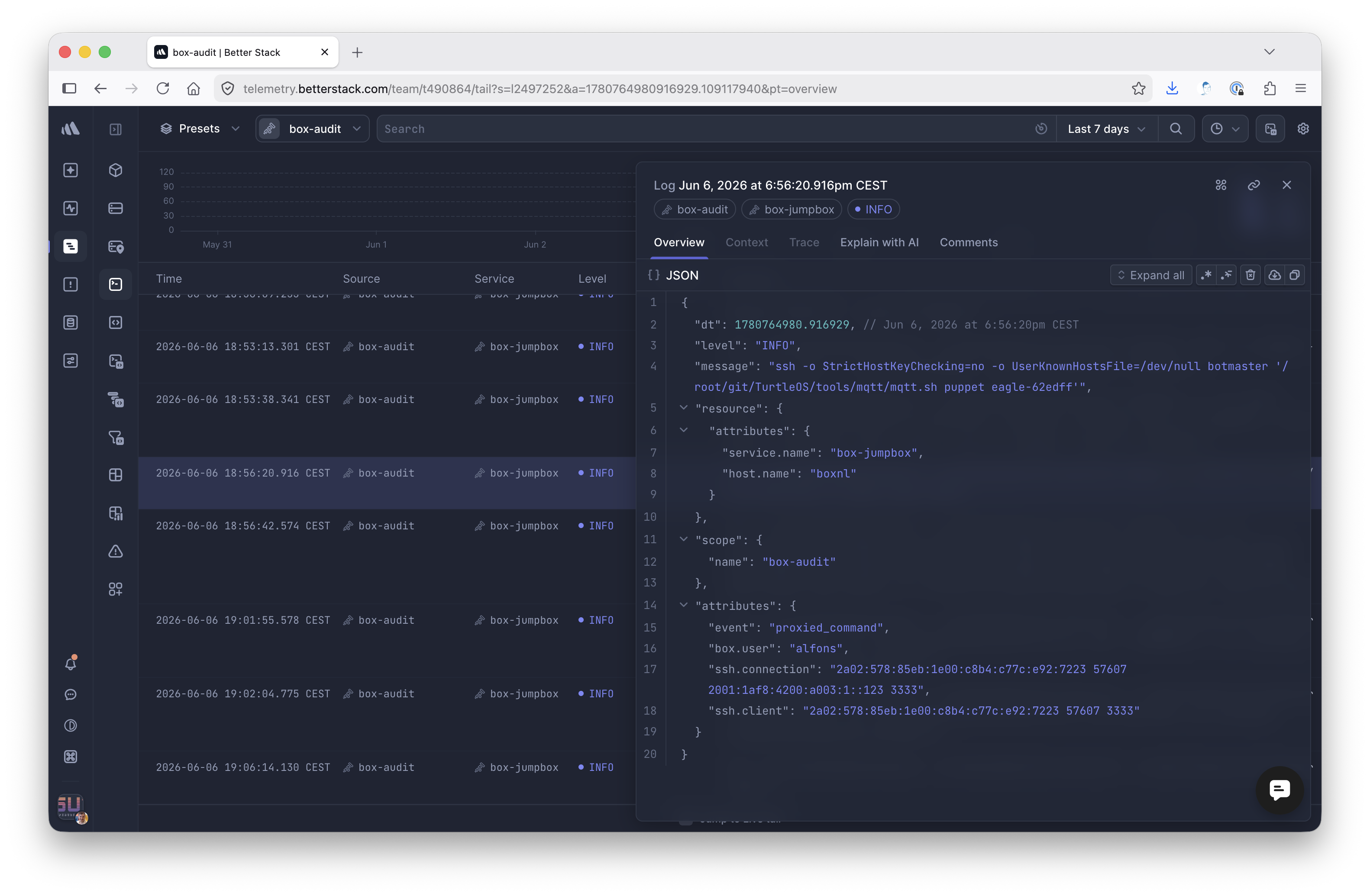 Log server showing SSH commands