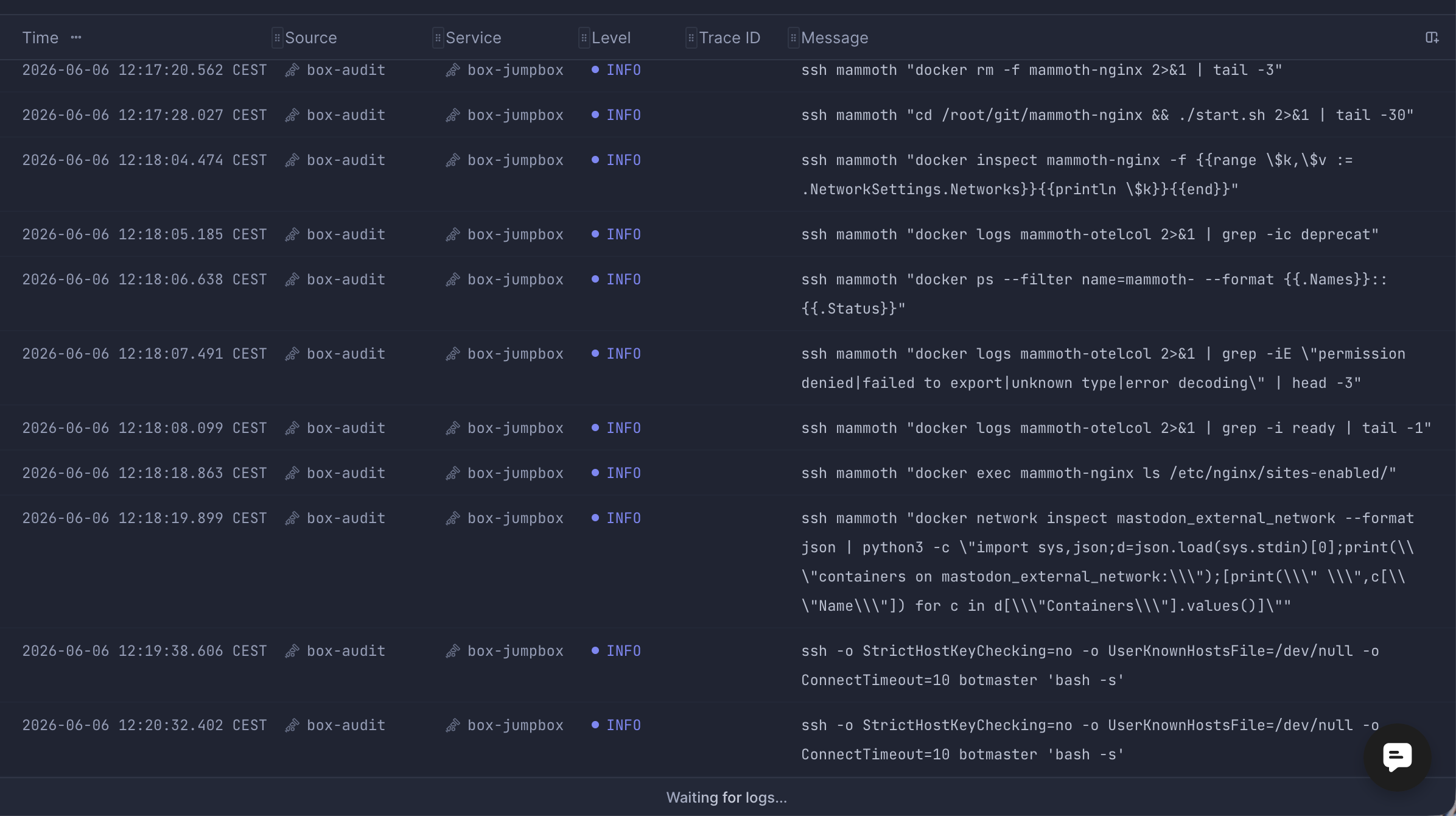 Log server showing SSH commands